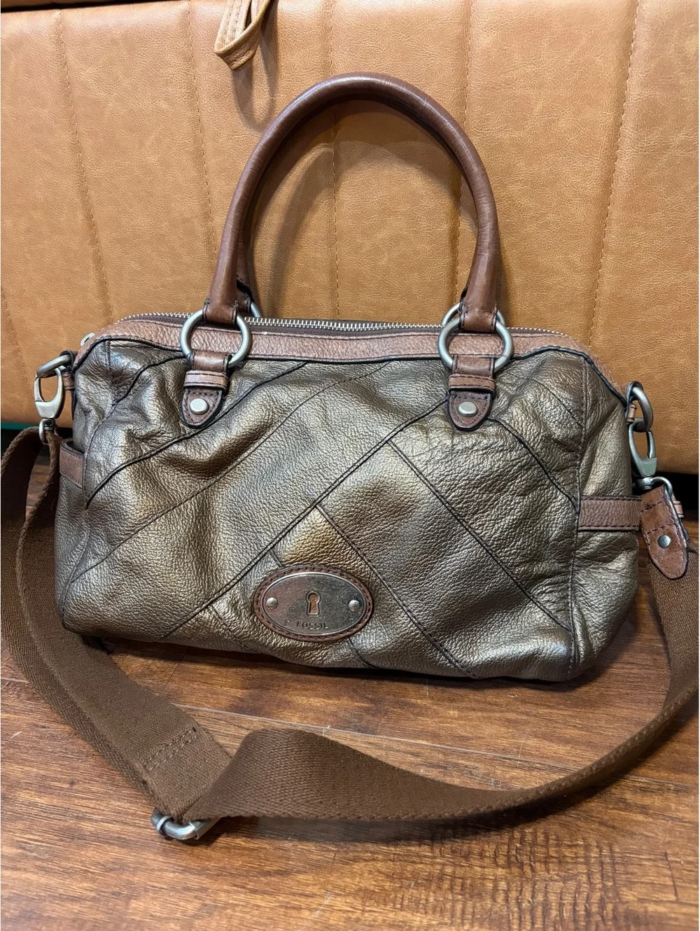 Fossil Maddox metallic aged bronze patchwork leather satchel